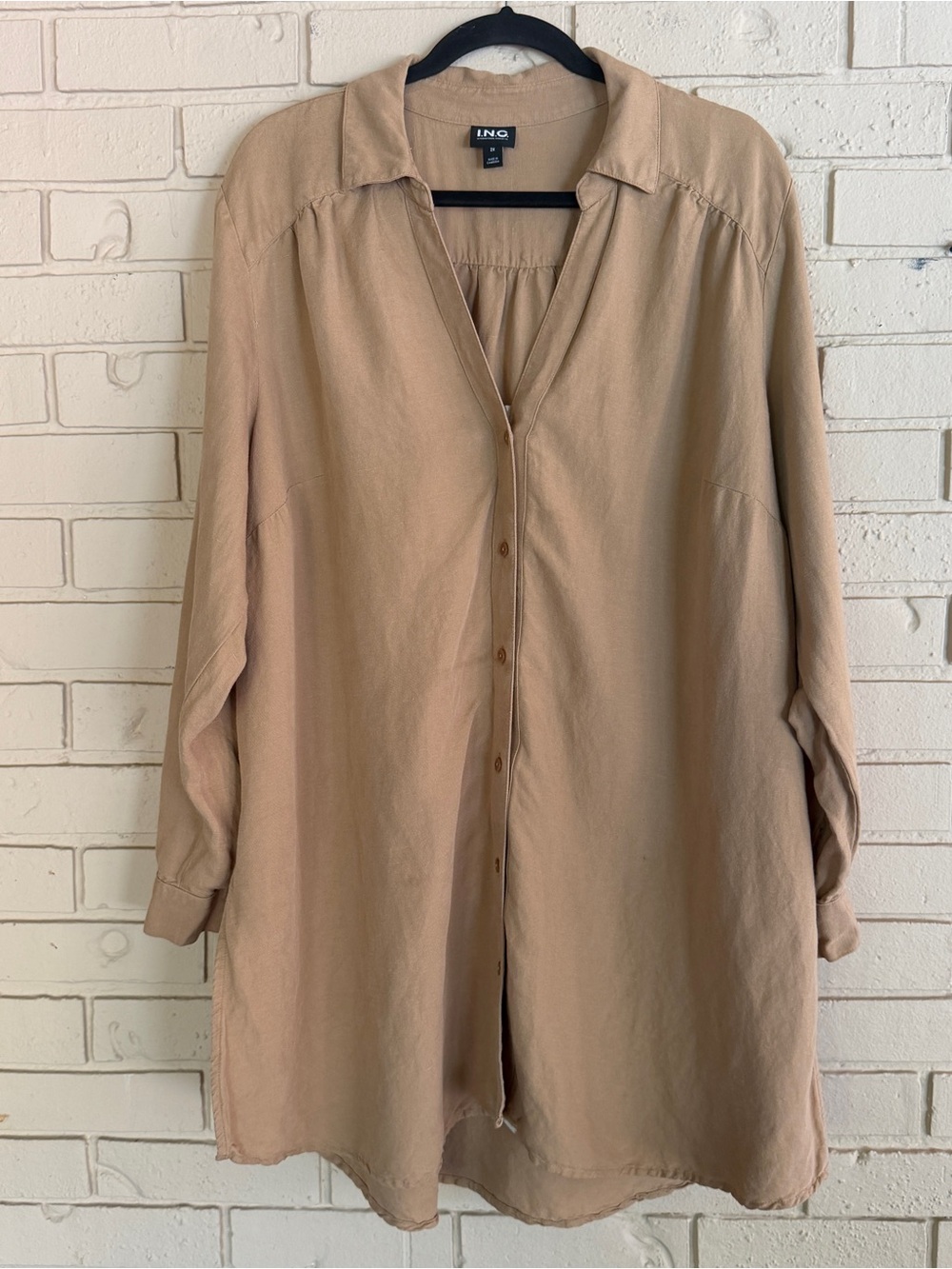INC Beige Linen Button Up Tunic Top 2X Lagenlook Minimalist Capsule Roll Tab